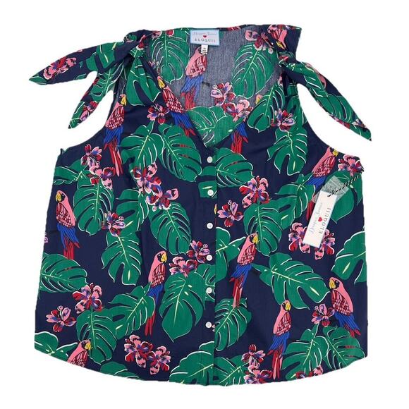 Draper James X ELOQUII Cotton Button-Down Top Sleeveless Parrots Tropical 18 NWT - Picture 1 of 12